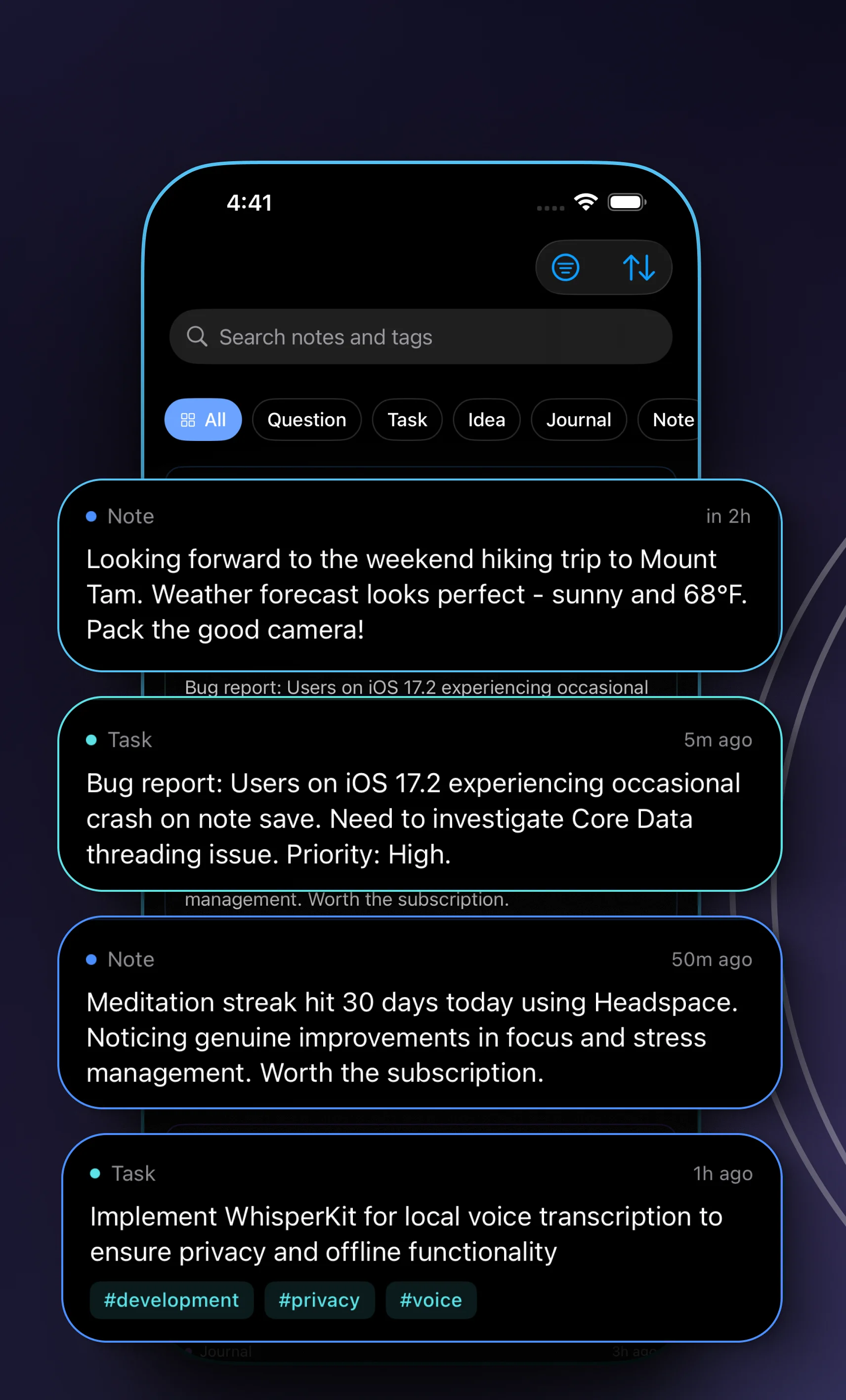 Humm app notebook view showing AI-organized notes with automatic categories and tags